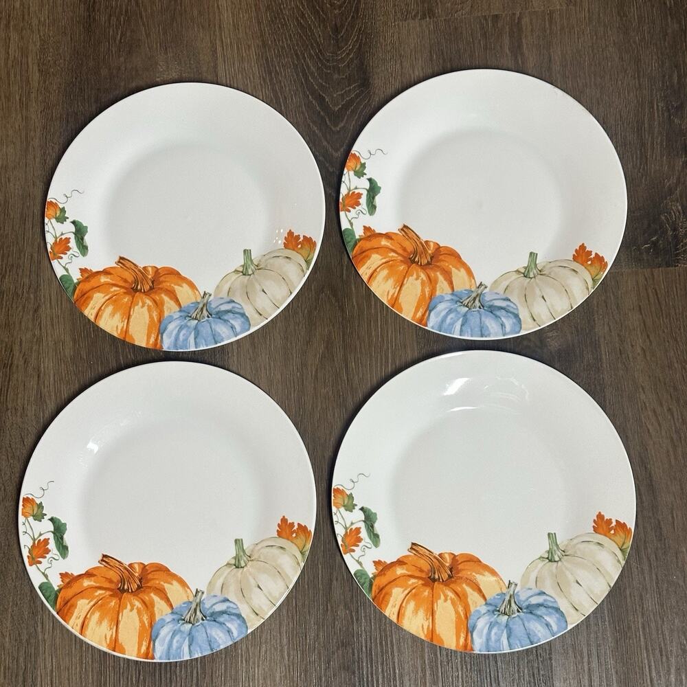Royal Norfolk 10.5" Autumn Fall Pumpkin Dinner Plates Blue Orange White Set of 4